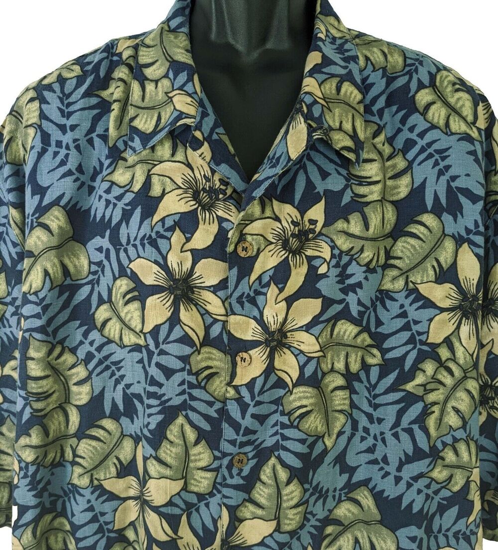 Pussers Island Style 100% Linen Men's XXL Blue Floral Hawaiian Shirt
